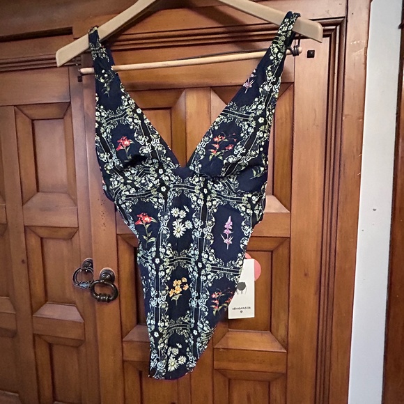 Aguabendita Navy Blue One Piece Floral Adjustable Spaghetti Strap Swimsuit - Picture 3 of 12